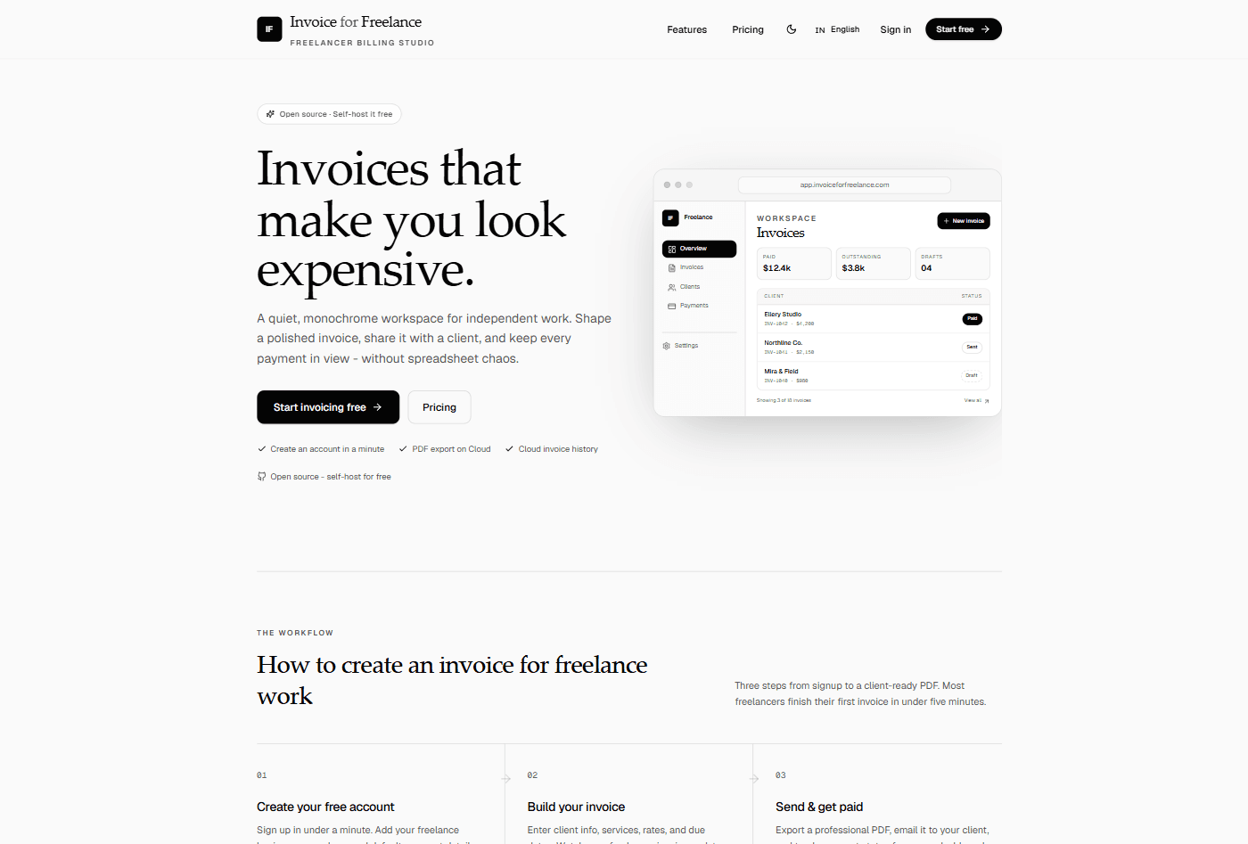 Invoice for Freelance home page with the monochrome invoice dashboard
