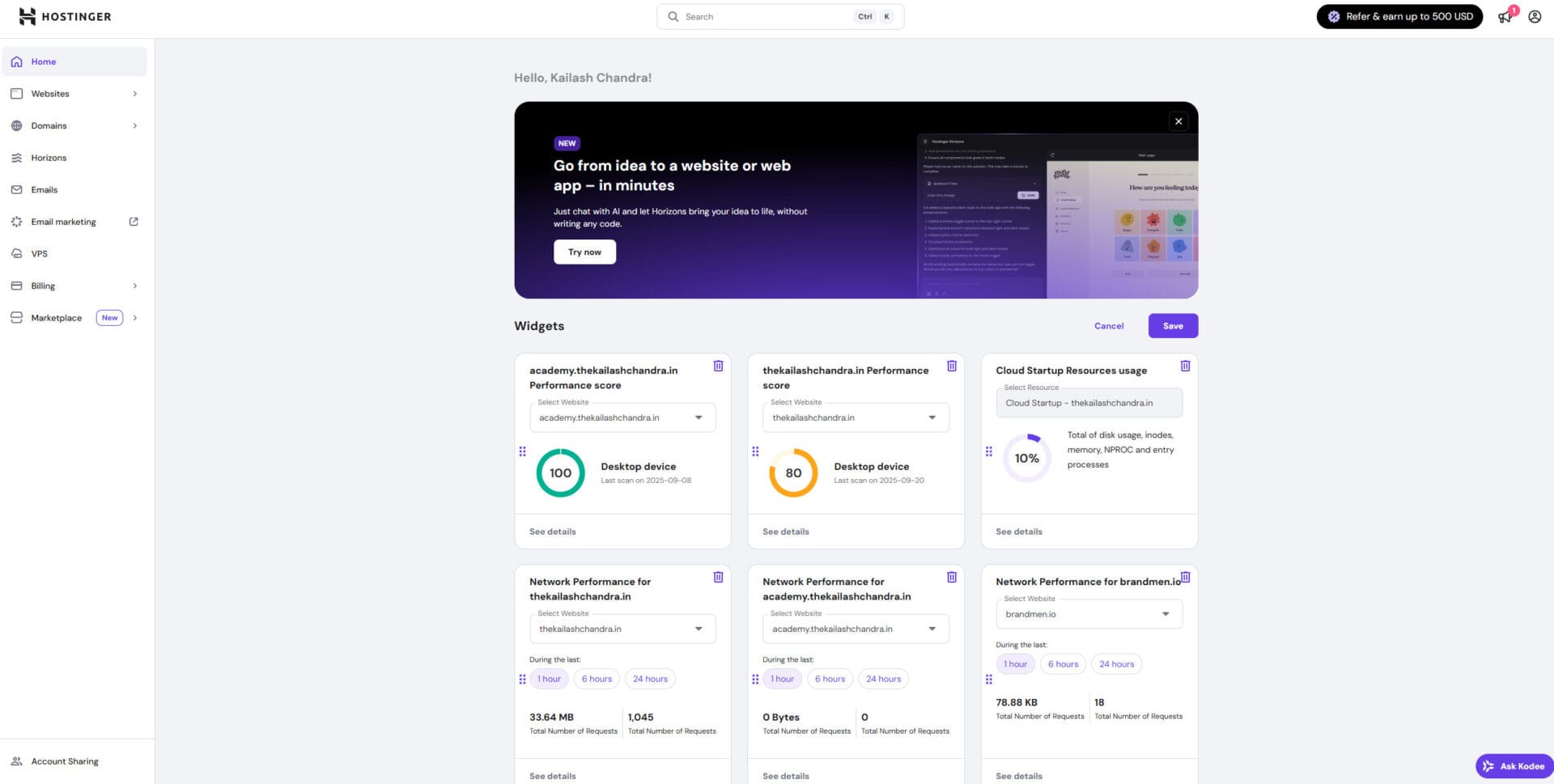 Hostinger cloud startup plan