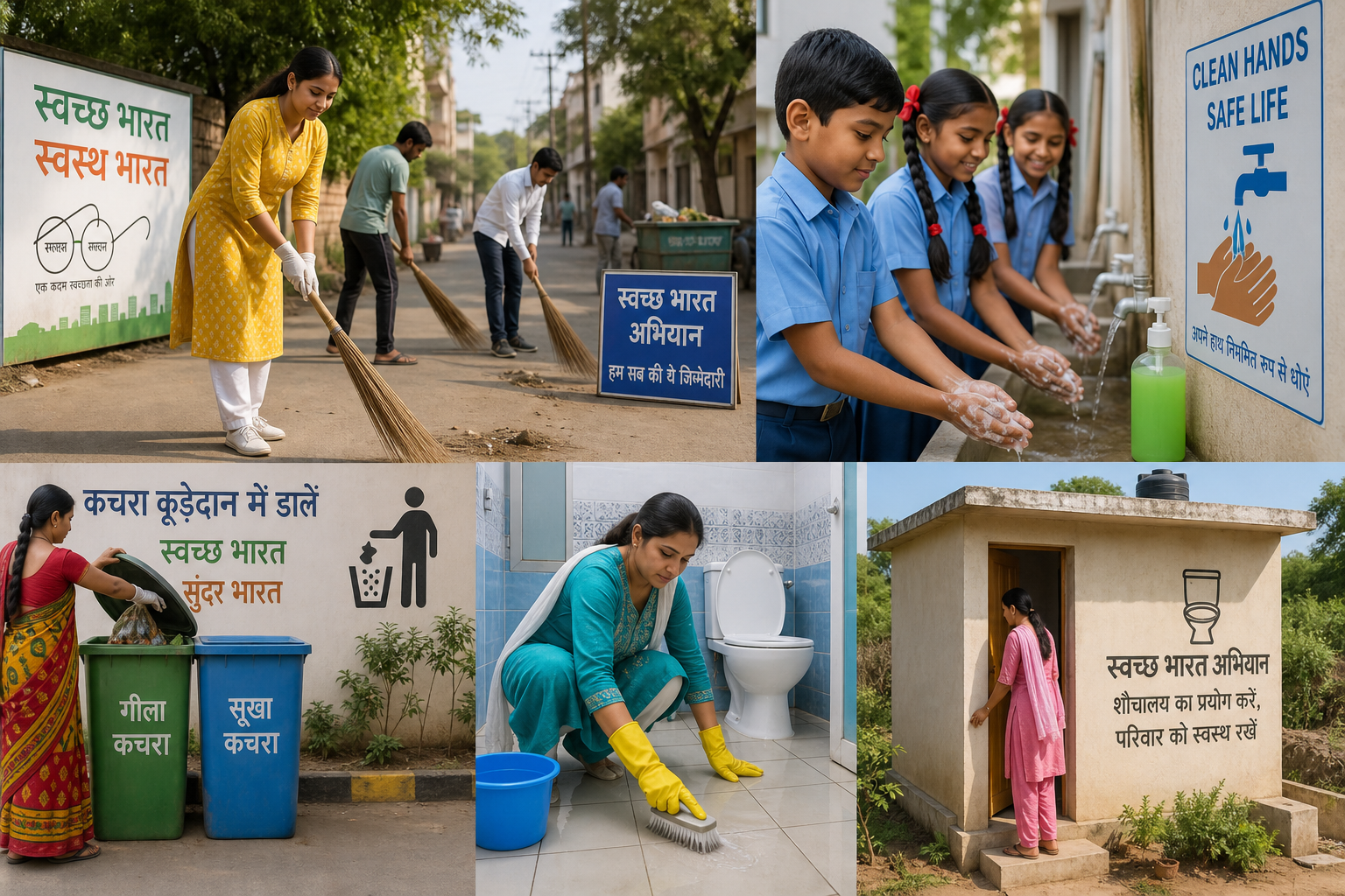 Civic sense scenes: people cleaning streets, washing hands, sorting waste, and keeping toilets clean