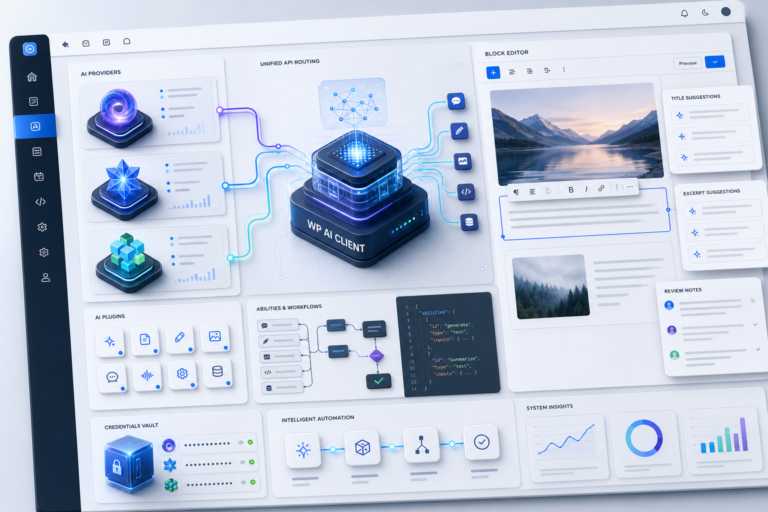 WordPress 7.0 New Ai features 10 Dashboard for an AI client with providers, workflows, content editor, credentials vault, and system insights