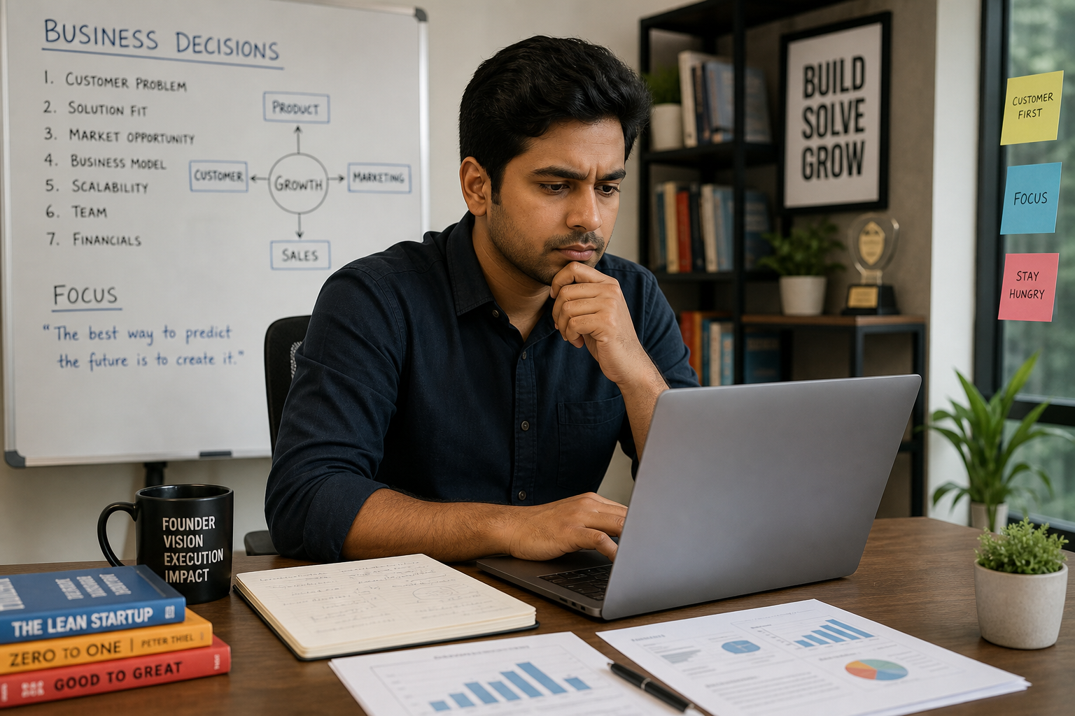 Entrepreneur studying business strategy at a desk with a laptop, charts, and a