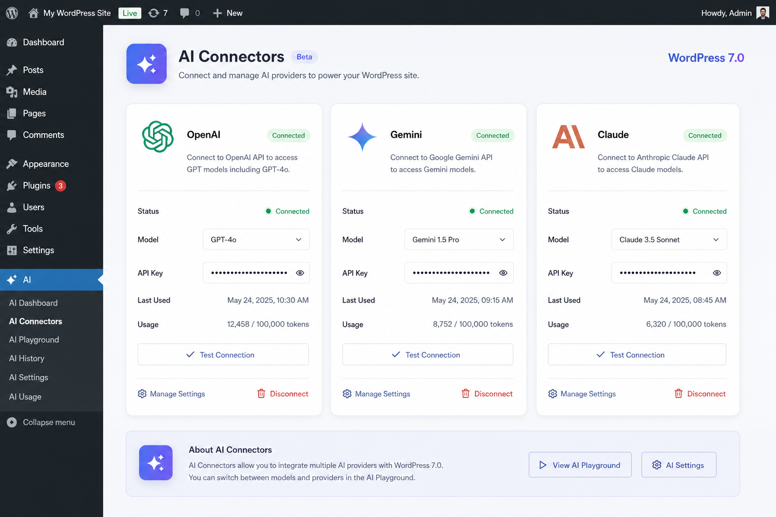 WordPress 7.0 AI Connectors screen showing connected OpenAI, Gemini, and Claude providers