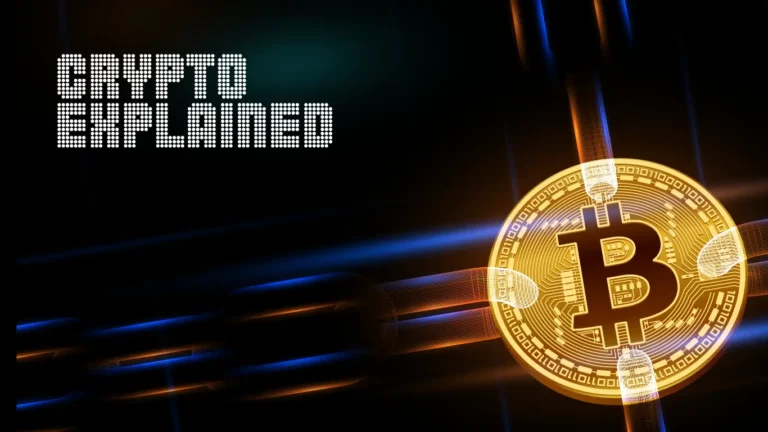 Crypto explained with a Bitcoin coin graphic on a dark background
