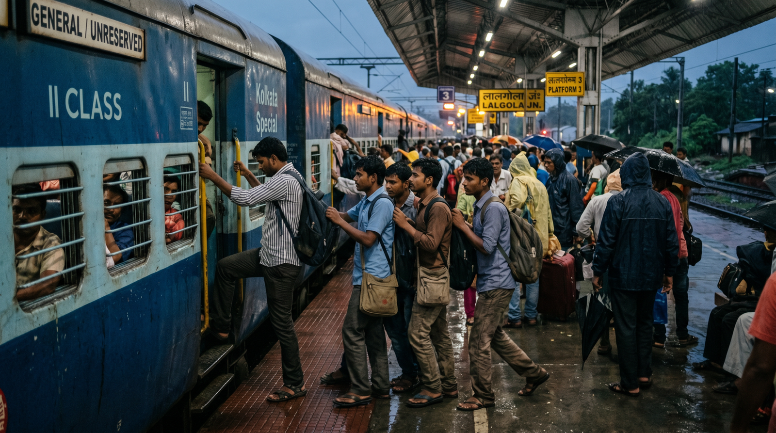 Crowded train platform with passengers boarding a Kolkata Special train in the rain