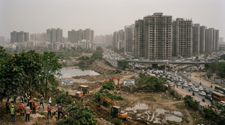 Who needs whom? 9 Construction clearing trees beside a busy highway in a dense apartment district