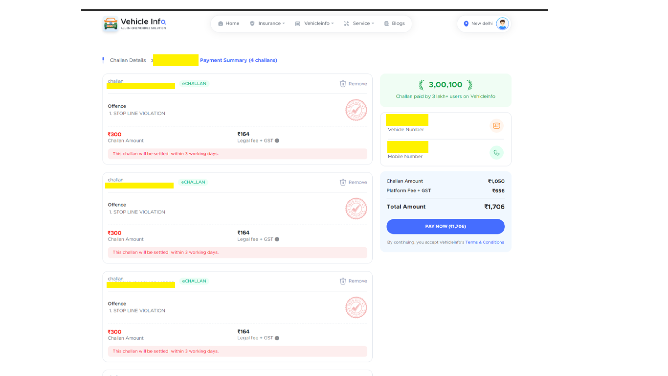 Don't pay more for your traffic challans, pay this way. 4 payment page on vehicle info